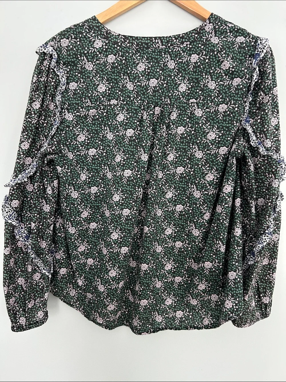 J. Crew Liberty Dark Green Floral Ruffle-Trim Blouse